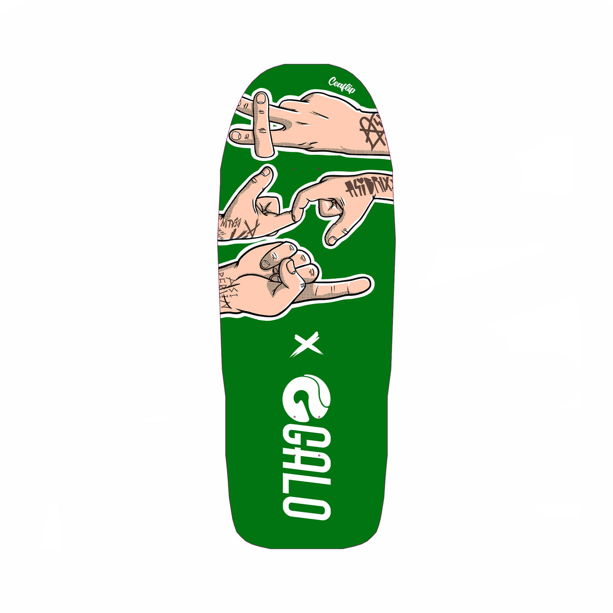 Deck fingerboard Galo Asi Berlin x Ceaflip en shape Old School, gráfica verde de manos haciendo fingerboard