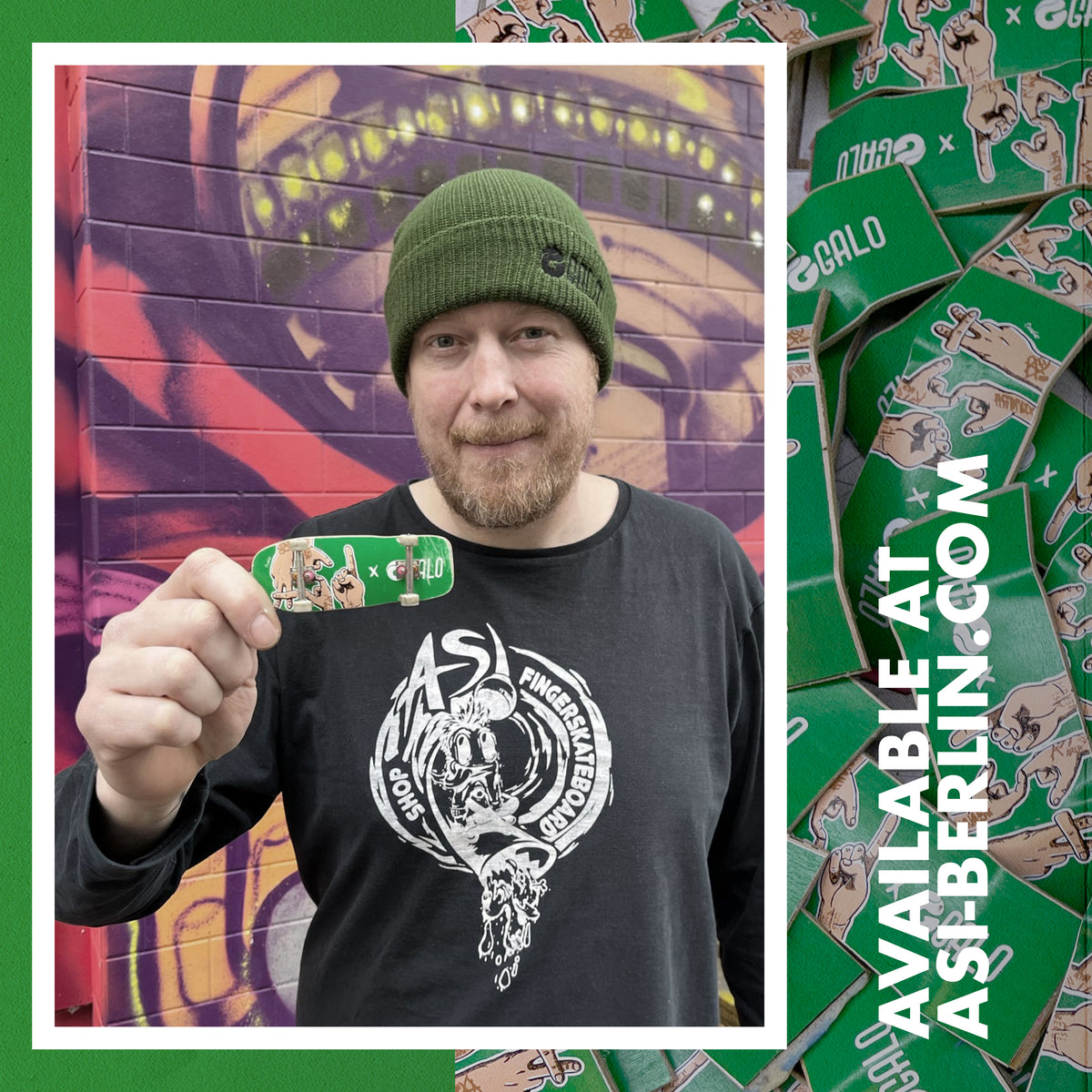 Rider de Asi Berlin mostrando el deck fingerboard Galo Asi Berlin x Ceaflip