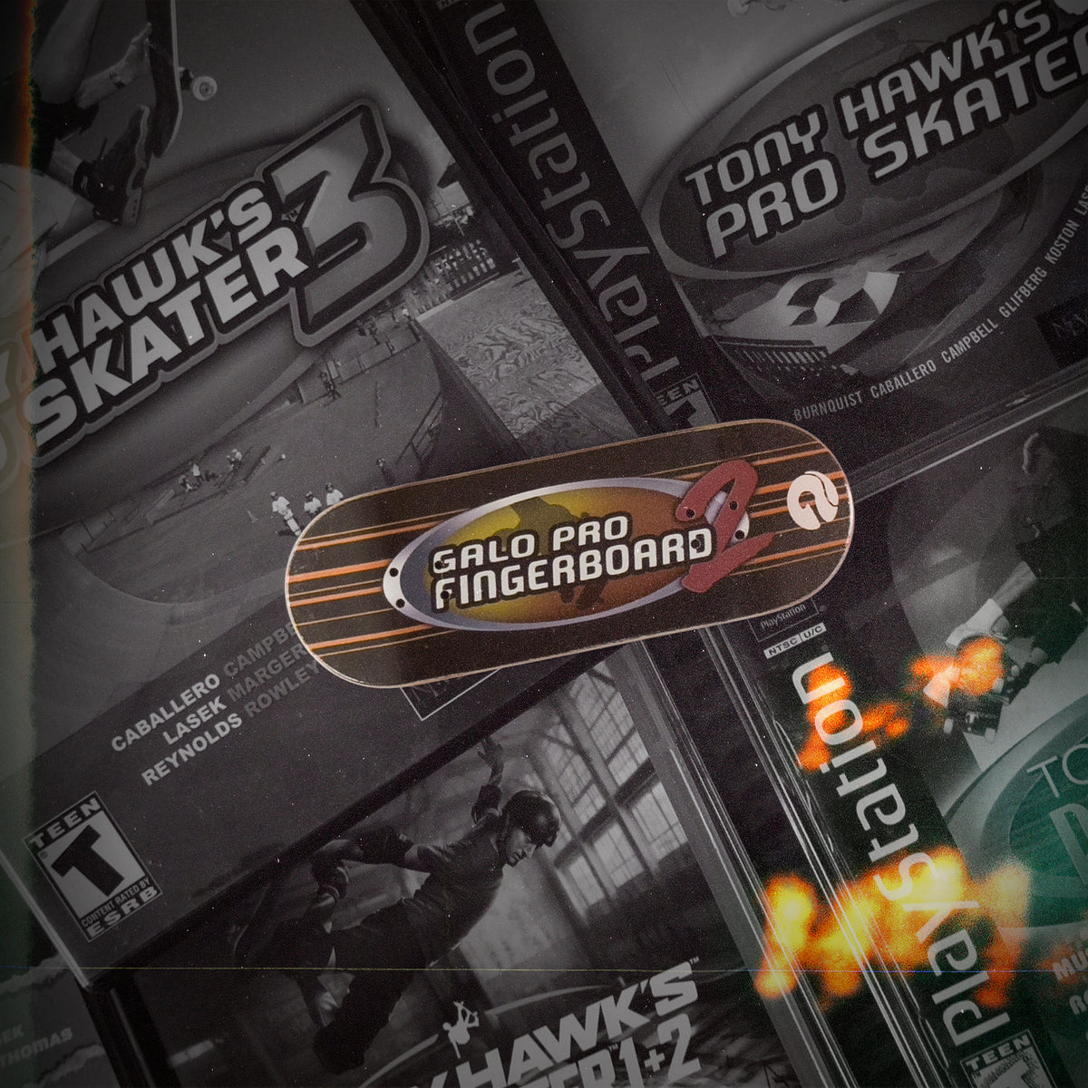 Deck fingerboard Galo THPS2 sobre portadas del videojuego Tony Hawk's Pro Skater