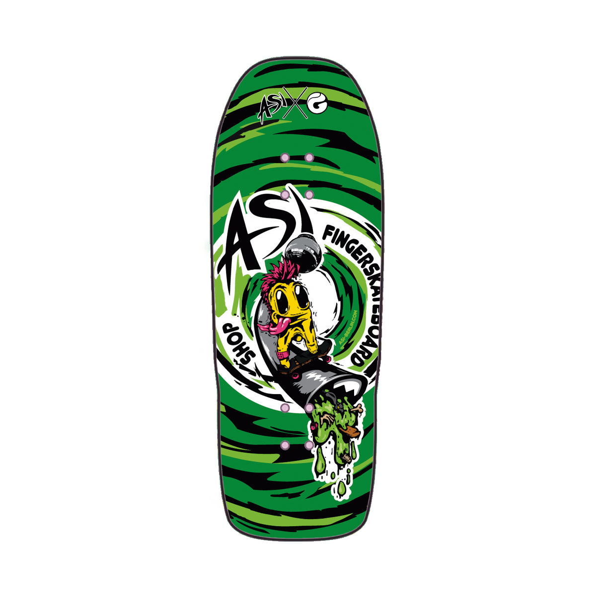 Deck fingerboard Galo x Asi Berlin en shape Old School, gráfica del gallo Asi sobre fondo verde